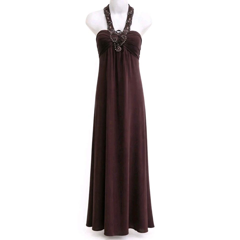 Y2K Sequin Hearts Brown Halter Maxi Dress Women Small Boho Empire Waist Festival